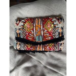 Sam Edelman Beaded Tapestry Crossbody Clutch Bag Boho Fringe Multi Color Chain